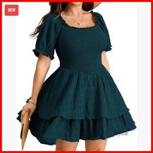 Plus Size Summer Mini Dress Square Neck Smocked Ruffle Tiered Swing
